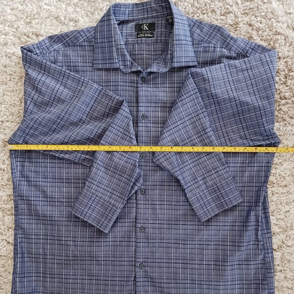 Calvin Klein Men's Dress Shirt Sz 2X Blue with Blue Plaid Long Sleeve Slim Fit - Picture 7 of 8